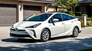2024 Toyota Prius Prime plug-in hybrid sedan parked in modern driveway, sleek aerodynamic design, dynamic angle showing profile, daylight photography, contemporary suburban setting
