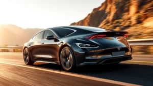 Premium electric sedan with sleek design accelerating on mountain road with dynamic lighting and motion blur effect