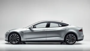 Tesla Model S Plaid sleek silver sedan profile view with panoramic glass roof, modern minimalist design, professional automotive photography studio lighting