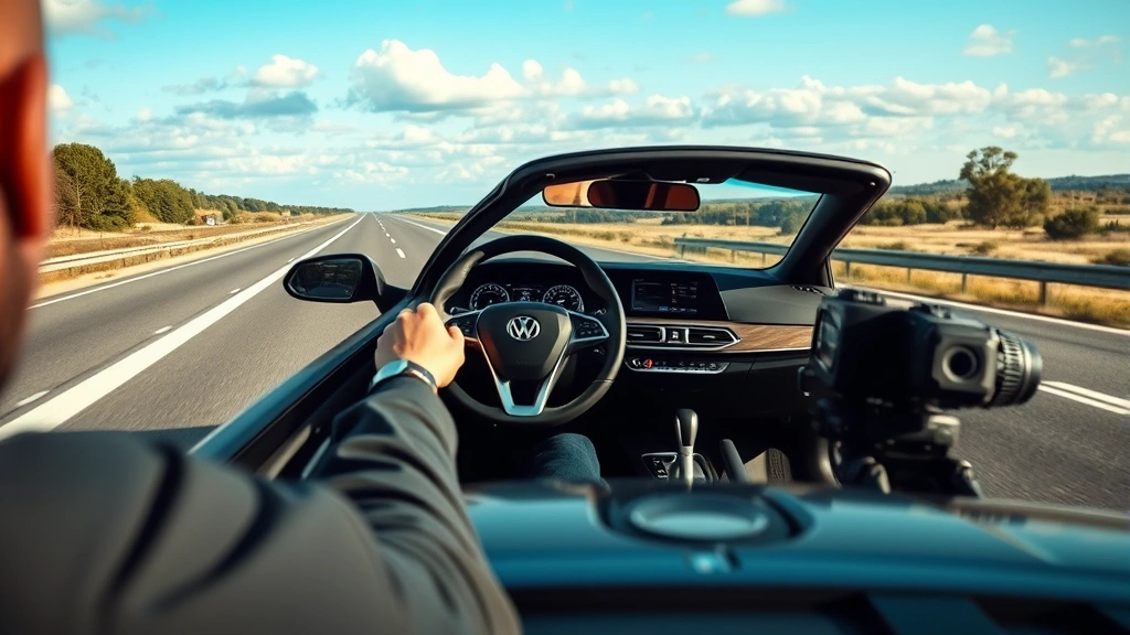 Professional automotive journalist testing vehicle on open highway, detailed focus on road conditions and natural lighting, photorealistic modern car environment