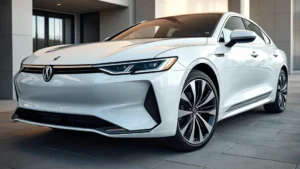 Sleek 2024 luxury sedan with LED headlights, pearl white paint, modern alloy wheels, photographed from three-quarter front angle in natural daylight