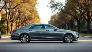 Luxury sedan parked on tree-lined avenue, sleek profile showing elegant proportions and sophisticated design details, professional automotive photography
