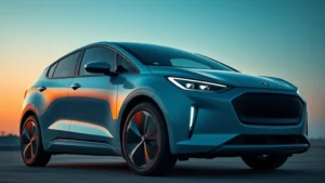 Sleek electric vehicle with smooth aerodynamic curves, flush door handles, minimal grille design, modern LED headlights integrated into bodywork, photographed at sunset with clean background