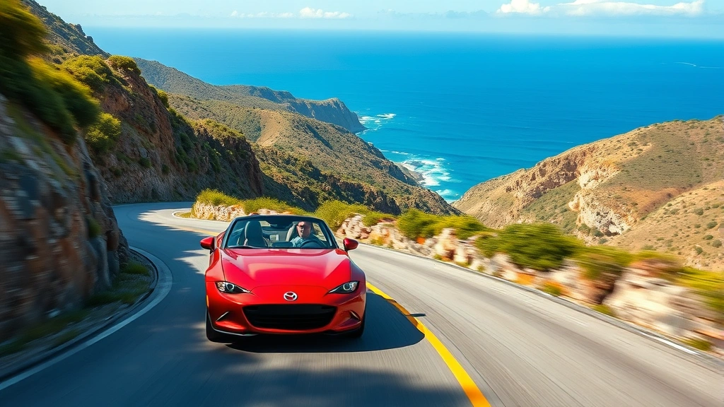 Red Mazda MX-5 Miata convertible driving on a coastal mountain road with sharp curves and ocean views in the background, dynamic motion shot