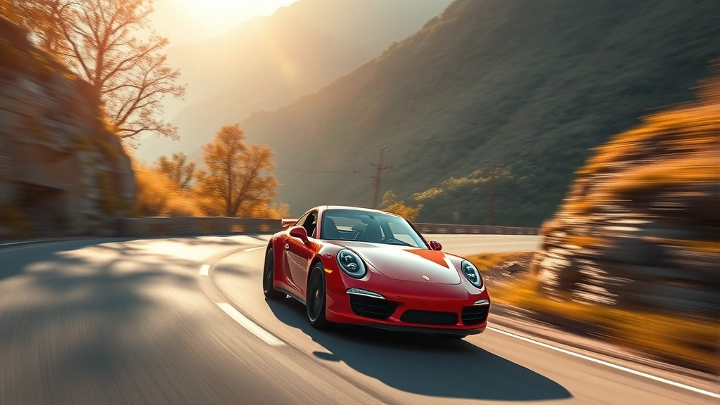 Red Porsche 911 Carrera S coupe driving on winding mountain road, afternoon sunlight, dynamic motion blur, photorealistic automotive photography