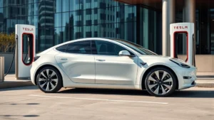 Sleek white Tesla Model Y sedan parked in modern urban charging station with glass buildings reflecting in vehicle's surface, daytime professional photography