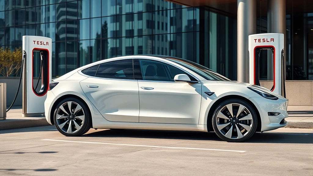 Sleek white Tesla Model Y sedan parked in modern urban charging station with glass buildings reflecting in vehicle's surface, daytime professional photography