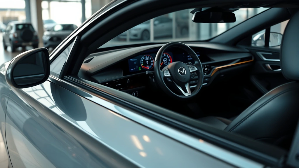 Sleek luxury sedan with turbocharged engine detail, modern dashboard technology, premium leather interior, studio lighting on polished paint reflecting showroom environment