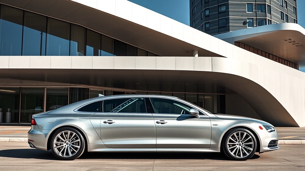 Sleek luxury sedan in silver with panoramic sunroof, parked on modern architecture background, daylight professional photography