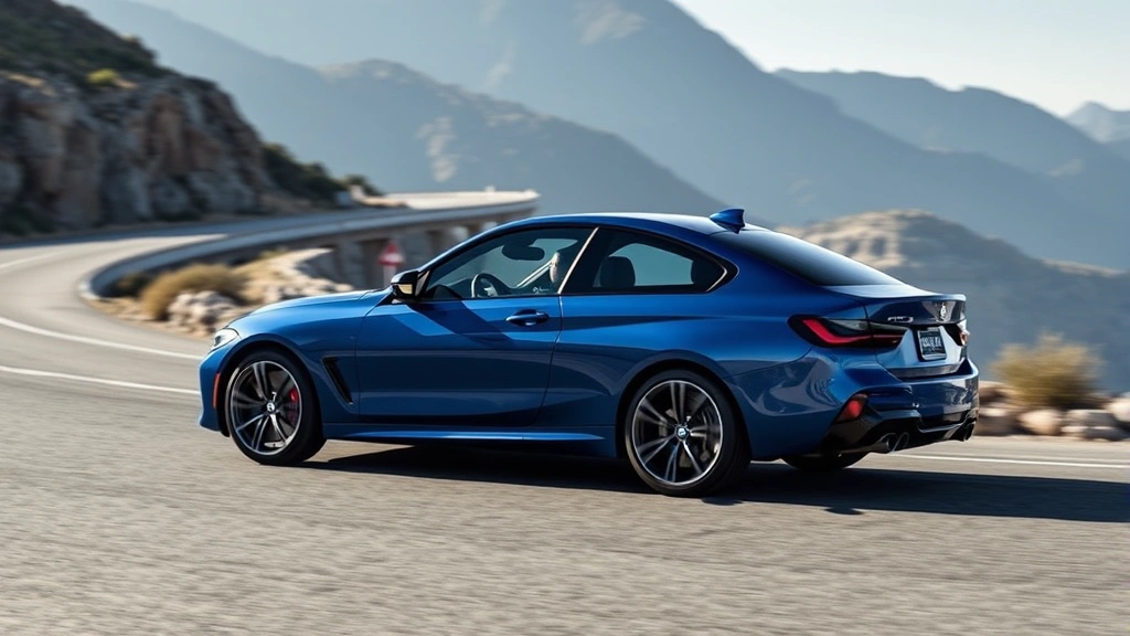 Sleek 2024 BMW M440i xDrive sedan in metallic blue, dynamic side profile view on winding mountain road, professional automotive photography, daylight, sharp focus on vehicle design
