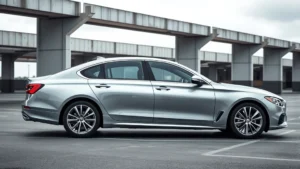 Luxury sedan profile view, metallic silver finish, modern design lines, professional automotive photography, overcast daylight, empty parking garage background, premium wheels visible, sleek proportions