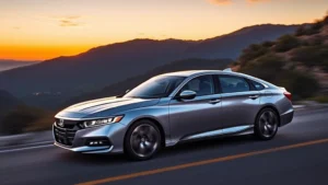 2024 Honda Accord sedan photographed at sunset on a mountain road, silver exterior gleaming, dynamic angles showing athletic proportions and modern LED headlights, motion blur background