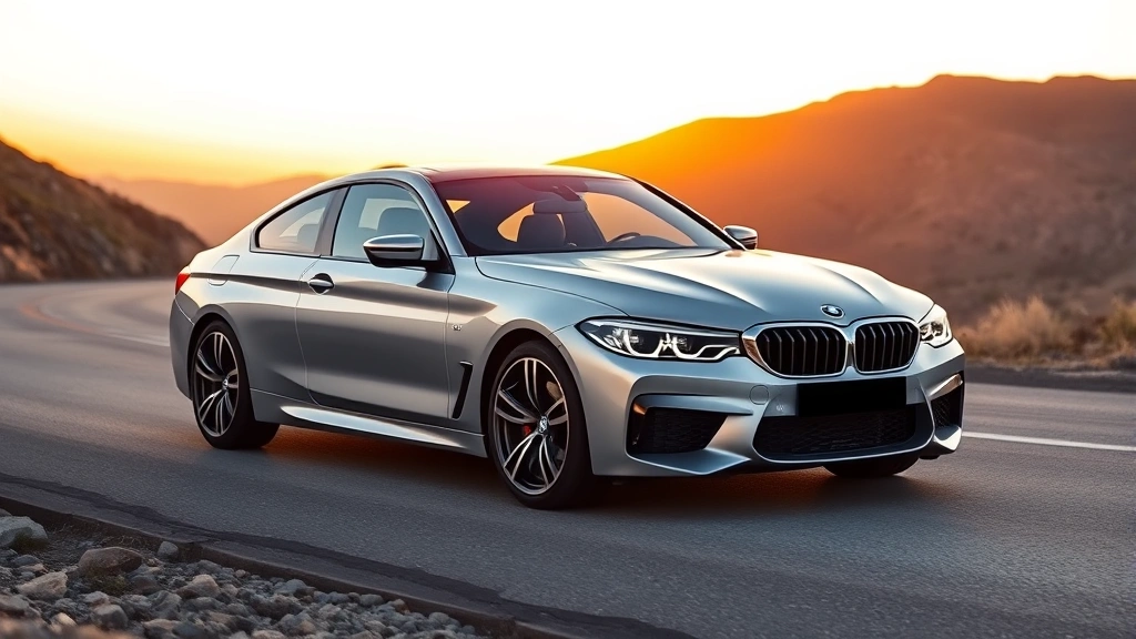 Sleek silver BMW M440i sports sedan photographed at sunset on mountain road with sharp curves, dynamic side profile highlighting performance stance and aggressive front grille