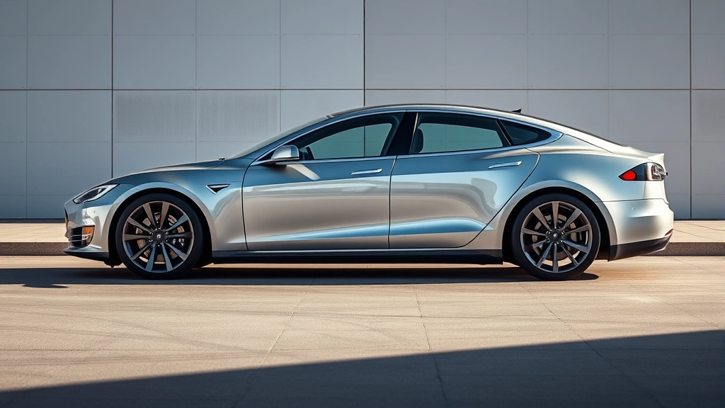 Sleek silver Tesla Model S Plaid sedan photographed from three-quarter angle against modern architecture backdrop, dramatic side lighting highlighting aerodynamic body lines and wheel design