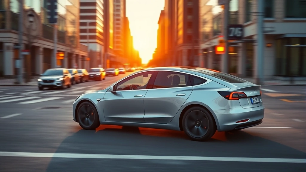 Sleek silver Tesla Model 3 sedan driving through modern city streets at golden hour, showcasing aerodynamic profile and minimalist design aesthetic, professional automotive photography