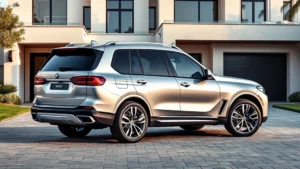 Luxury BMW X7 SUV three-quarter view, metallic silver finish, modern angular design, parked on upscale driveway with contemporary architecture background, professional automotive photography
