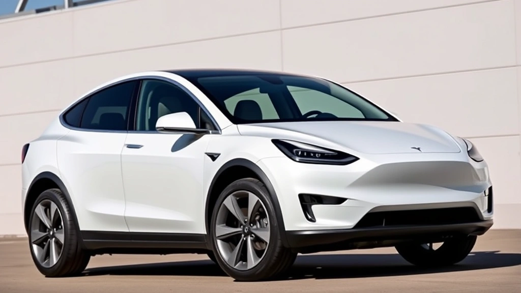 Sleek Tesla Model Y electric crossover SUV in pearl white, dynamic angle showing aggressive stance, modern minimalist design, photographed outdoors with natural lighting