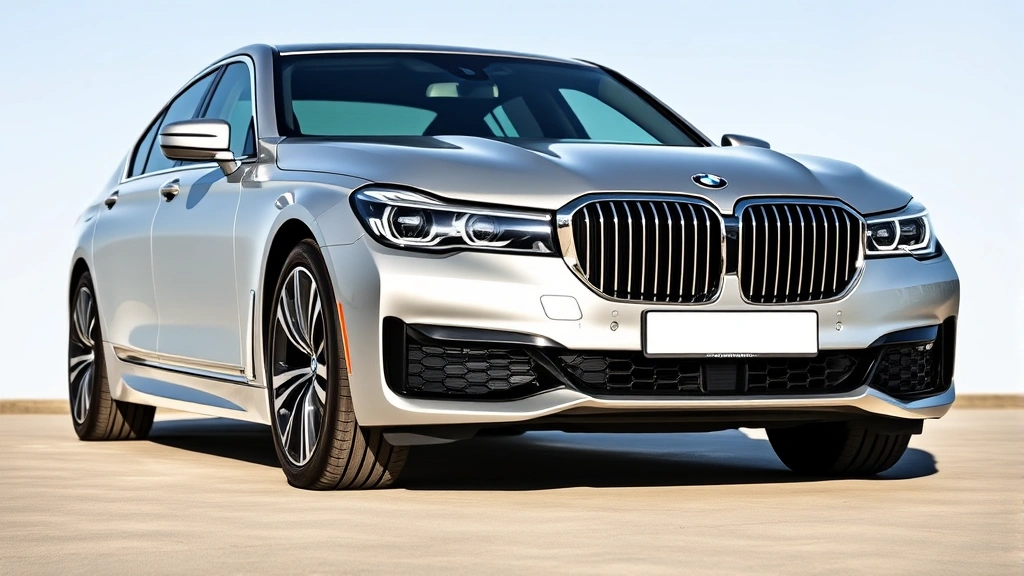 Sleek silver BMW 7 Series sedan photographed from three-quarter front angle, modern luxury grille design, contemporary styling, professional automotive photography, daylight setting, clean background