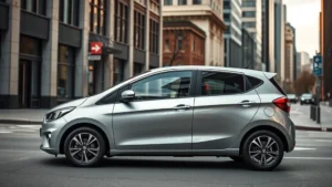 Modern silver 2024 compact hatchback parked on urban street, dynamic angle showing sleek profile, city backdrop, professional automotive photography