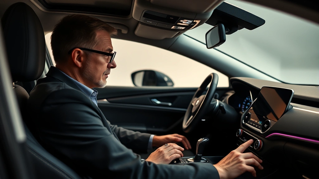 Professional automotive reviewer evaluating a modern sedan interior, examining dashboard controls and technology features with focused attention, studio lighting emphasizing quality materials and design