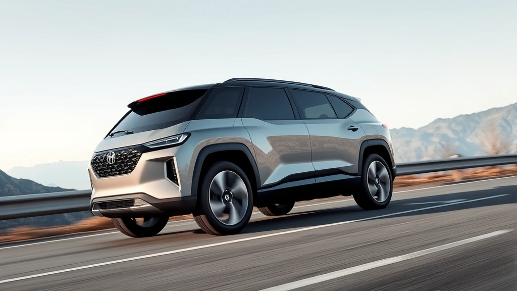 Modern hybrid SUV driving on scenic mountain highway with clear skies, showing sleek exterior design and dynamic movement