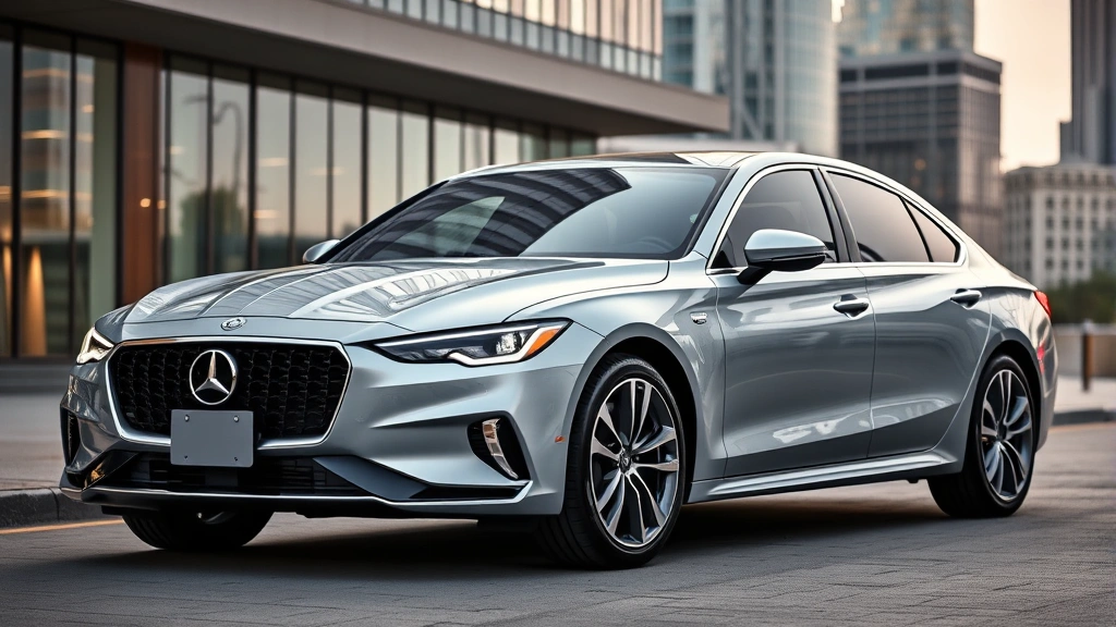 Sleek silver premium sedan photographed against modern urban backdrop, 3/4 front angle view showing aggressive grille design and sharp LED headlights, professional automotive lighting, no people visible