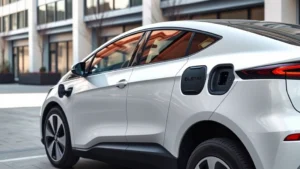 Sleek electric vehicle with minimalist aerodynamic design, flush door handles, smooth body lines, modern charging port, photographed from three-quarter angle in contemporary urban setting with natural lighting