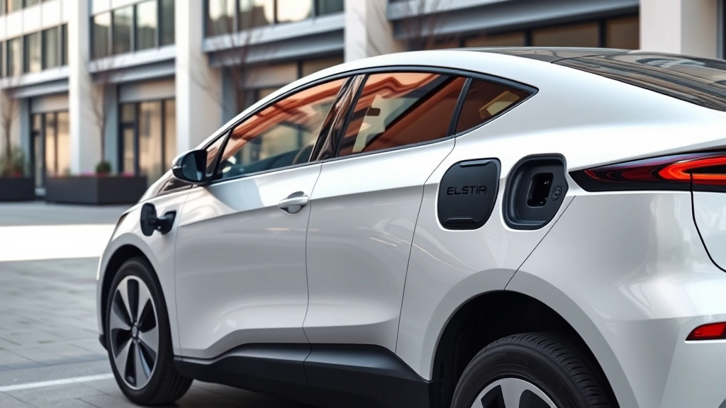 Sleek electric vehicle with minimalist aerodynamic design, flush door handles, smooth body lines, modern charging port, photographed from three-quarter angle in contemporary urban setting with natural lighting