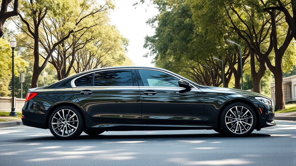 Luxury sedan parked on tree-lined street, professional photography, natural daylight, modern design details visible