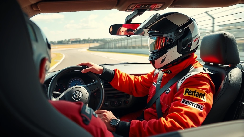 Professional automotive test driver in racing suit performing high-speed acceleration test on closed circuit, blurred background motion, sunny daylight, photorealistic action photography