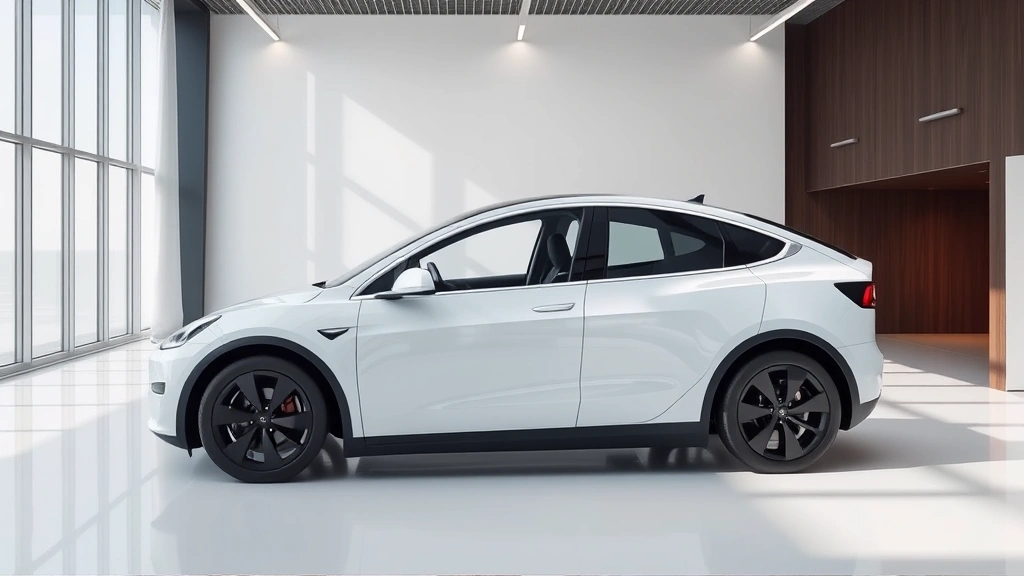 Tesla Model Y refresh in modern showroom, minimalist interior visible, premium lighting highlighting new design elements, photorealistic, no text visible