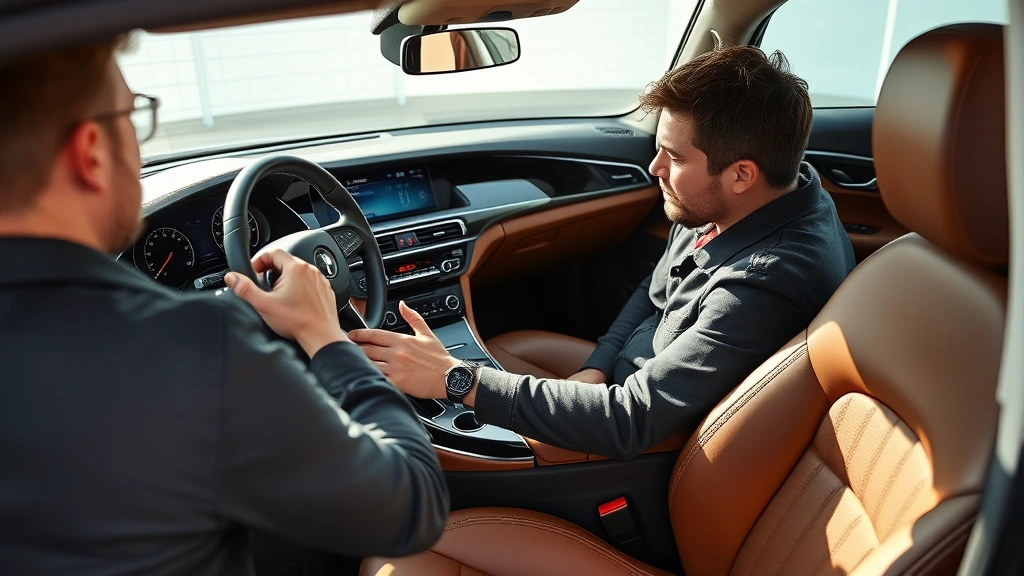 Professional automotive journalist reviewing luxury sedan interior with leather seats and dashboard technology in natural daylight studio setting