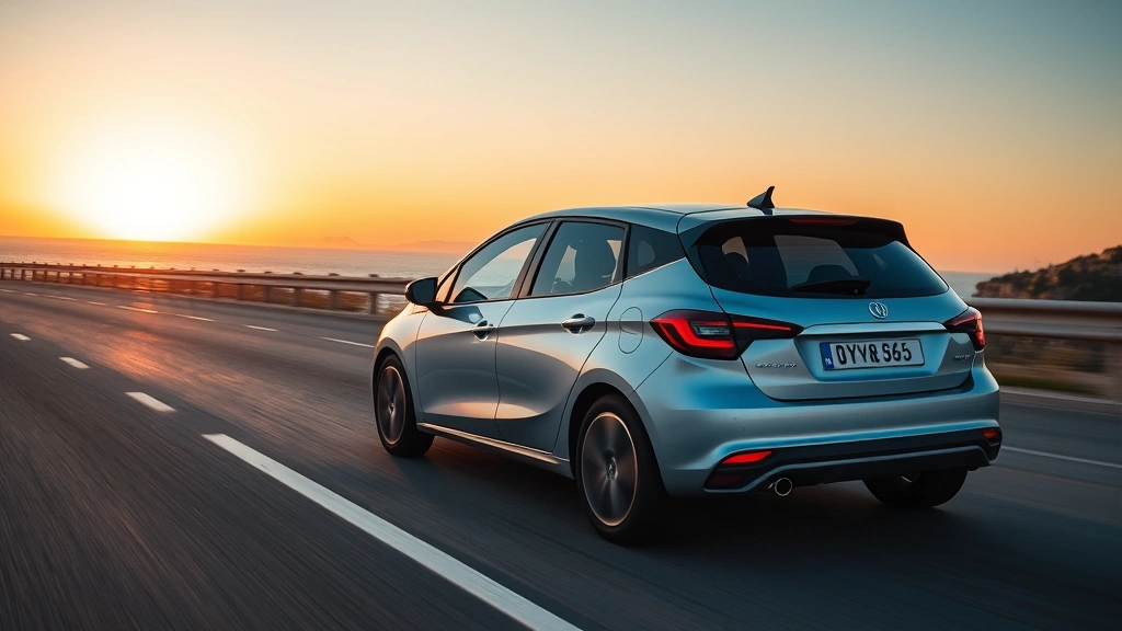 Modern compact sedan driving on open highway at sunset, sleek exterior design visible, coastal landscape background