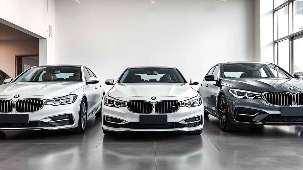 Three modern sedans lined up side-by-side in professional automotive dealership showroom with bright natural lighting, polished concrete floor, minimalist background