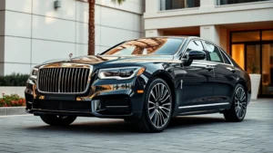 Luxury sedan parked in upscale driveway, premium materials visible through windows, professional photography lighting, modern architecture background, daytime shot