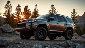 Toyota 4Runner parked on rocky mountain terrain at golden hour, showcasing rugged body-on-frame design and ground clearance, surrounded by pine trees and granite boulders, cinematic automotive photography