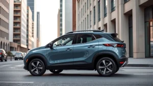 Modern 2024 compact SUV parked on urban street with contemporary architecture background, professional automotive photography, daytime natural lighting