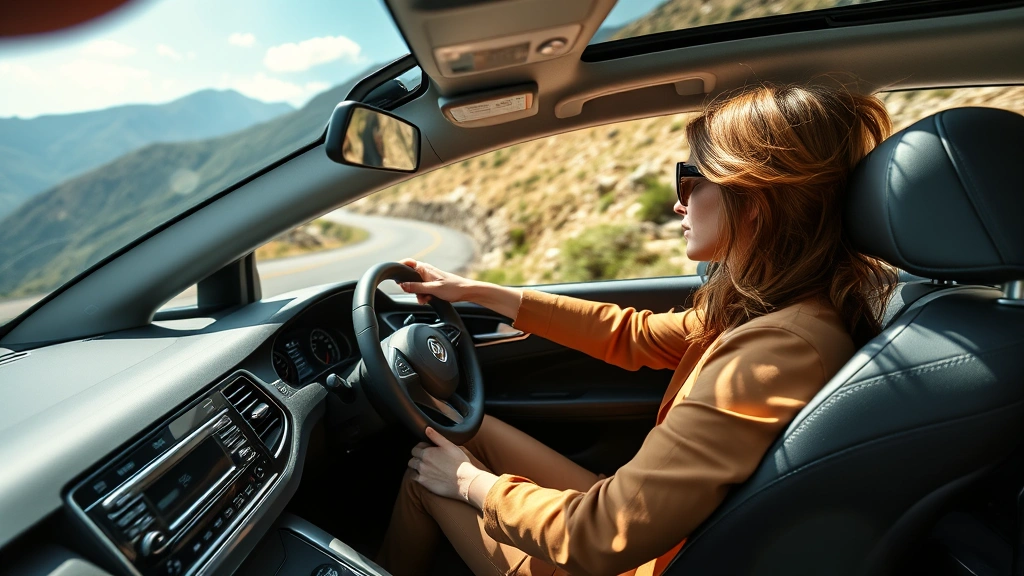 Professional automotive journalist woman testing sedan on winding mountain road with confident driving posture, natural daylight, realistic automotive photography