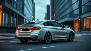 Sleek BMW M440i xDrive luxury performance sedan photographed from three-quarter angle on modern urban street with professional lighting emphasizing aerodynamic design and premium styling details