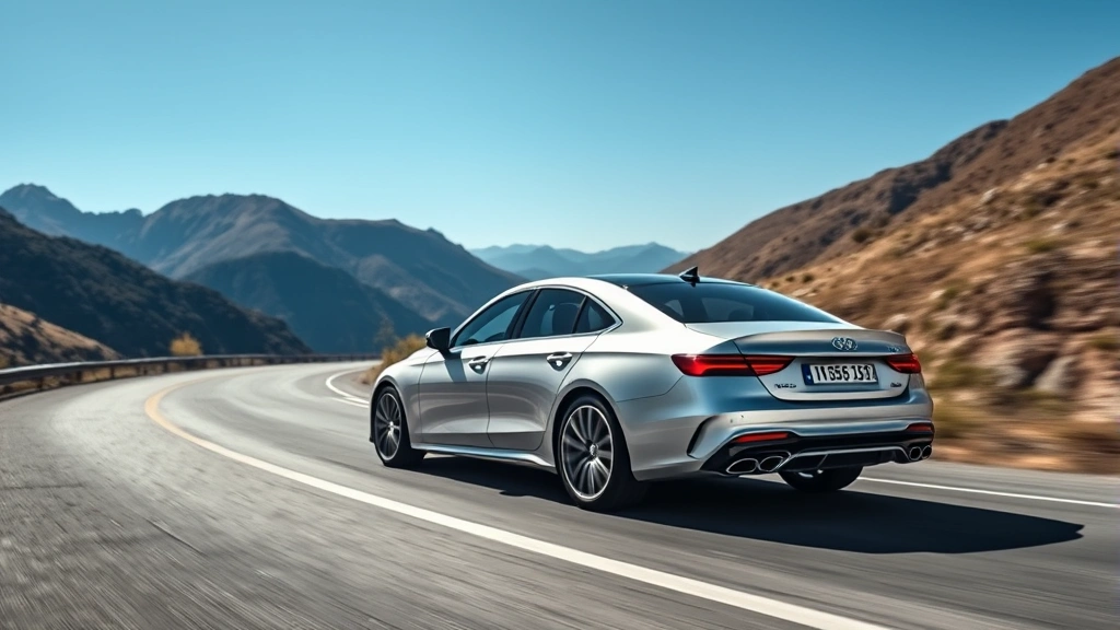 Sleek silver luxury sedan on winding mountain road, professional photography, clear blue sky, premium automotive styling, sharp focus on vehicle design