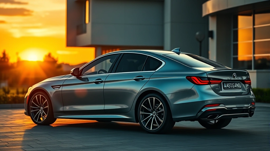 Luxury sedan parked in upscale driveway at sunset, modern architecture background, sleek metallic paint, professional automotive photography