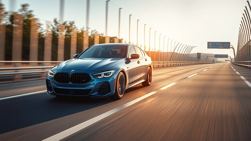 Sleek metallic blue sedan photographed from three-quarter front angle on modern highway, afternoon sunlight highlighting curves and sophisticated design, professional automotive photography style