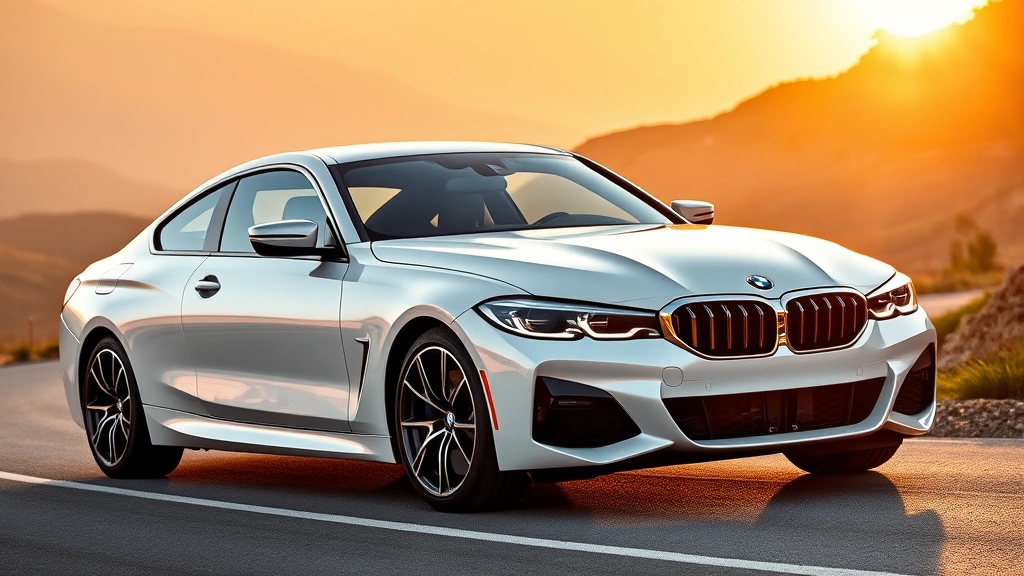 2024 BMW M440i xDrive luxury sport sedan, pearl white exterior, photographed at golden hour on a winding mountain road, dynamic three-quarter front angle, professional automotive photography