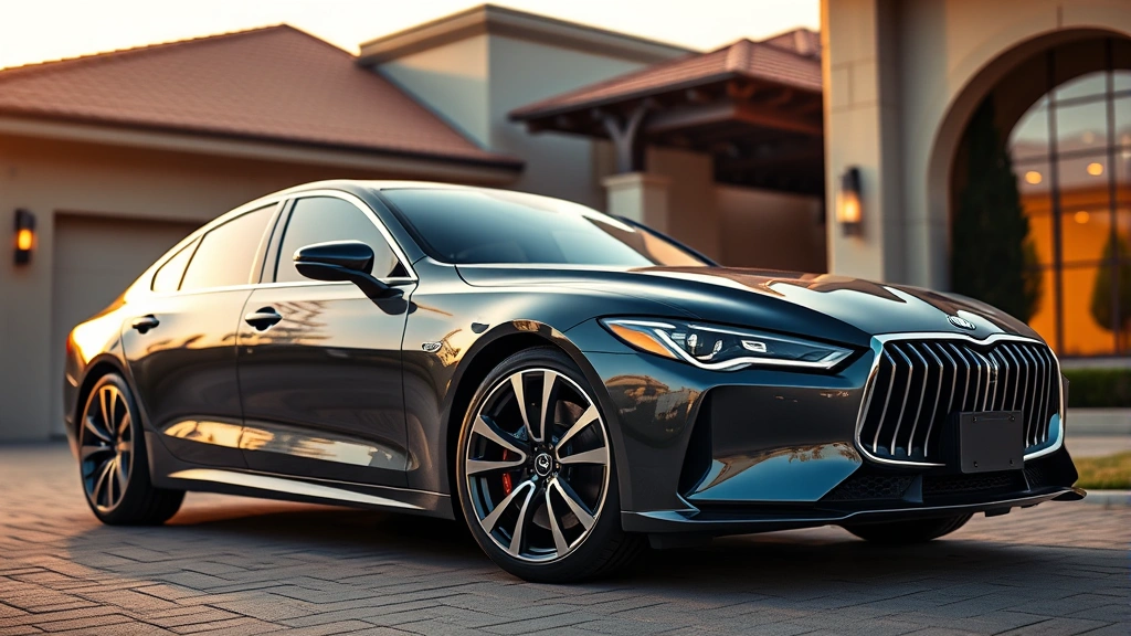 Modern luxury sedan exterior shot showcasing sleek design, premium wheels, sophisticated headlight design, parked in upscale driveway with contemporary architecture, golden hour lighting, shallow depth of field
