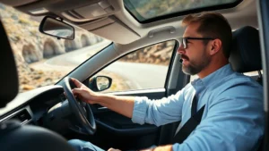 Professional automotive journalist test driving modern sedan on winding road, serious expression, daylight, realistic photography, automotive enthusiast setting