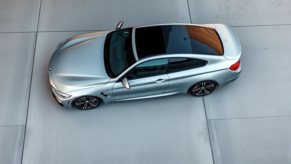 Overhead view of a sleek silver BMW M440i sports sedan parked on a modern concrete surface, showcasing its aggressive body lines and multi-spoke wheels in natural daylight