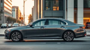 2024 luxury sedan parked on modern city street, sleek profile, premium materials visible through windows, contemporary architecture background, golden hour lighting