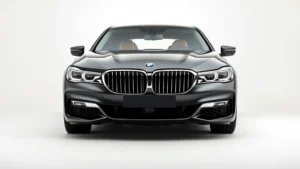 Luxury sedan BMW 7 Series front three-quarter view, elegant chrome details, modern sleek design, professional automotive photography, daylight studio setting
