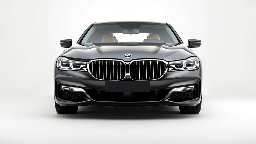 Luxury sedan BMW 7 Series front three-quarter view, elegant chrome details, modern sleek design, professional automotive photography, daylight studio setting