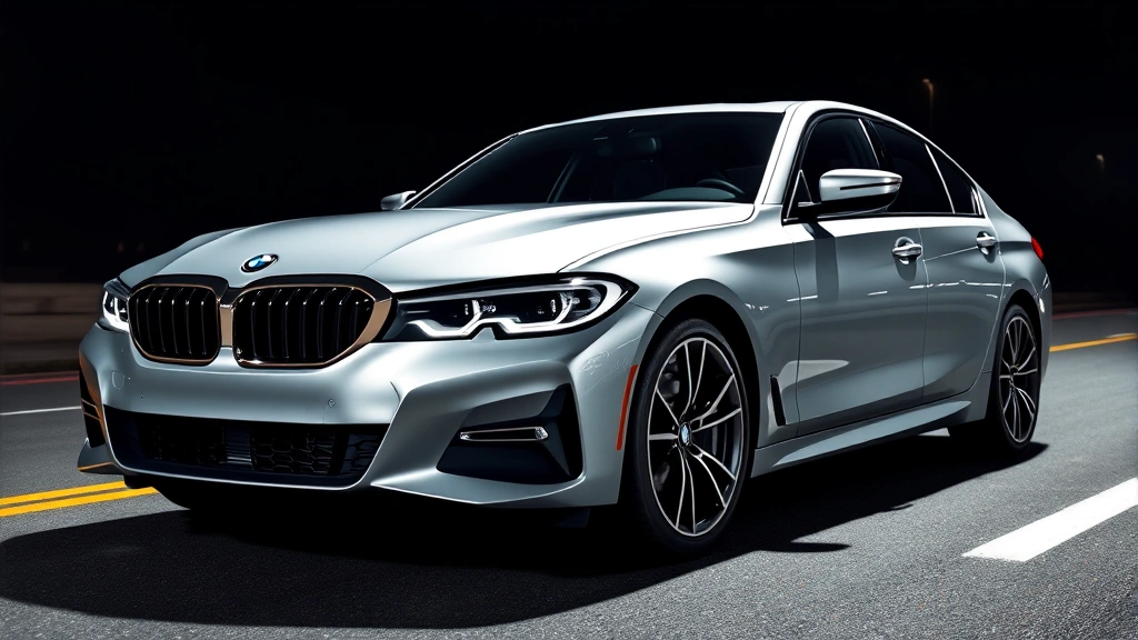 Professional automotive photography of BMW 3 Series sedan in silver metallic, shot from three-quarter front angle on pristine asphalt with dramatic lighting, showcasing sharp design lines and confident stance